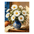 Original artwork for Sunlit Daisies in Blue Vase Diamond Painting Kit on a white background