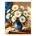 Original artwork for Sunlit Daisies in Blue Vase Diamond Painting Kit on a white background