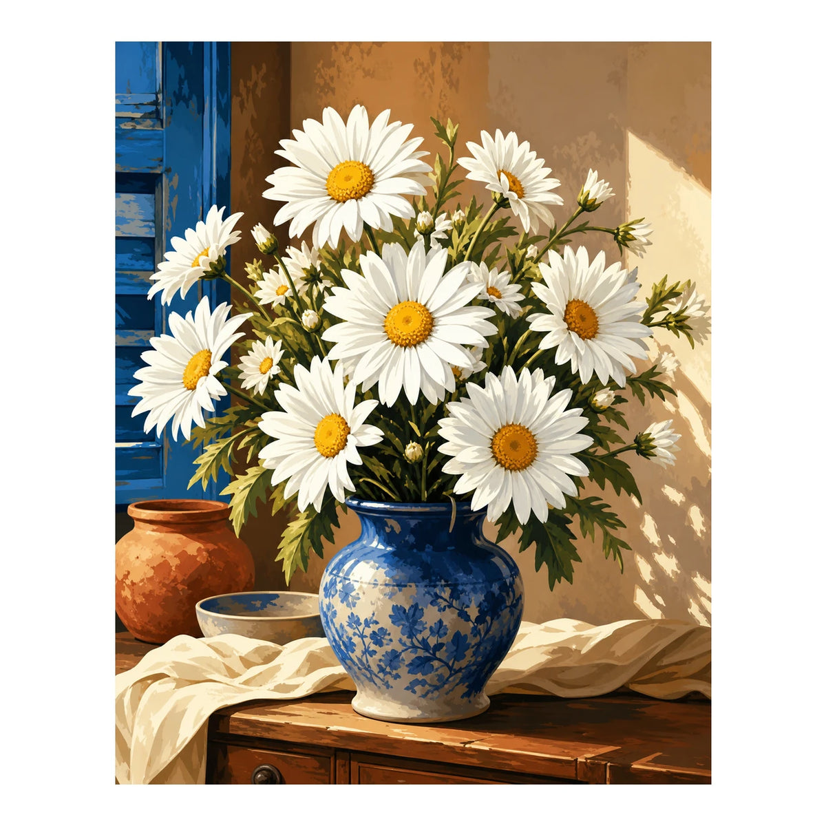 Original artwork for Sunlit Daisies in Blue Vase Diamond Painting Kit on a white background
