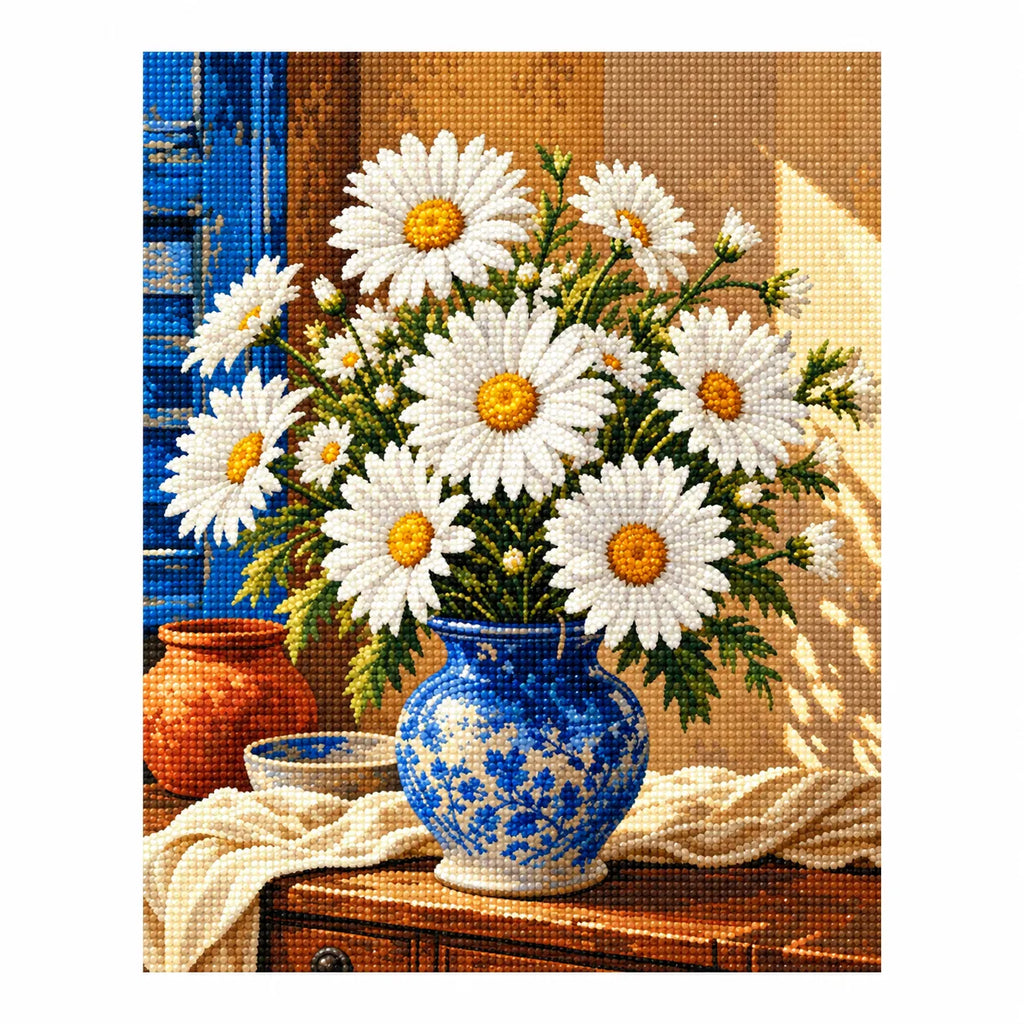 Completed diamond painting for Sunlit Daisies in Blue Vase Diamond Painting Kit on a white background