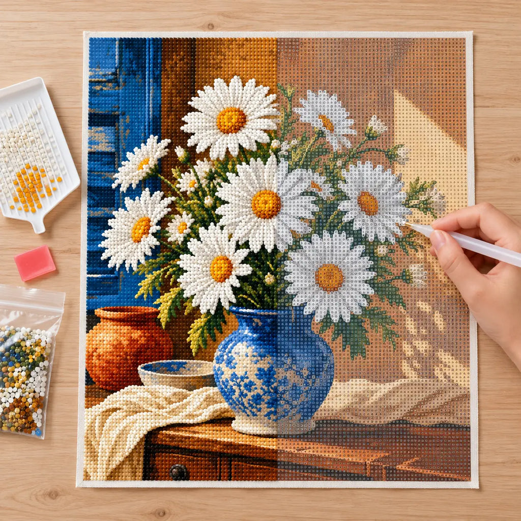 Hands-on painting process for Sunlit Daisies in Blue Vase Diamond Painting Kit