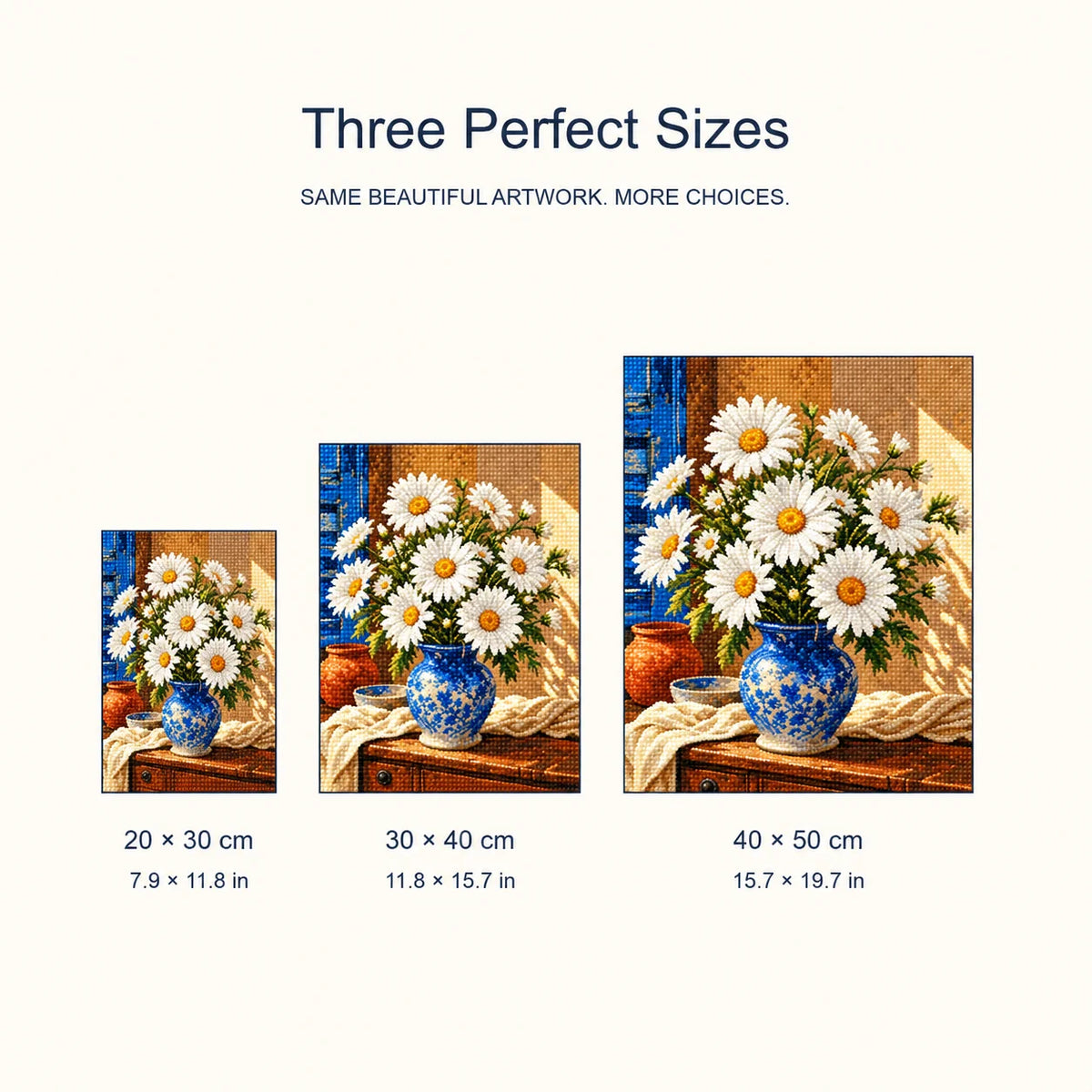 Size guide for Sunlit Daisies in Blue Vase Diamond Painting Kit