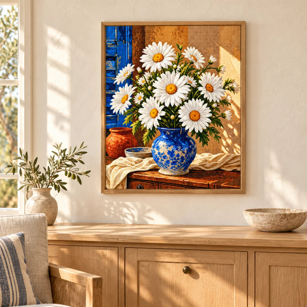 Home decor scene for Sunlit Daisies in Blue Vase Diamond Painting Kit