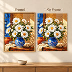 Framed and no-frame comparison for Sunlit Daisies in Blue Vase Diamond Painting Kit