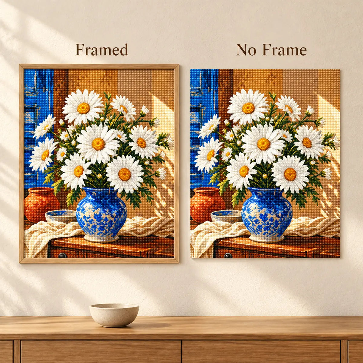Framed and no-frame comparison for Sunlit Daisies in Blue Vase Diamond Painting Kit