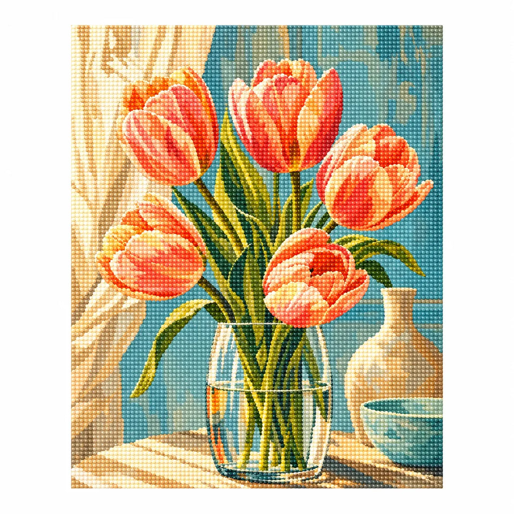 Completed diamond painting for Morning Light Tulips Diamond Painting Kit on a white background