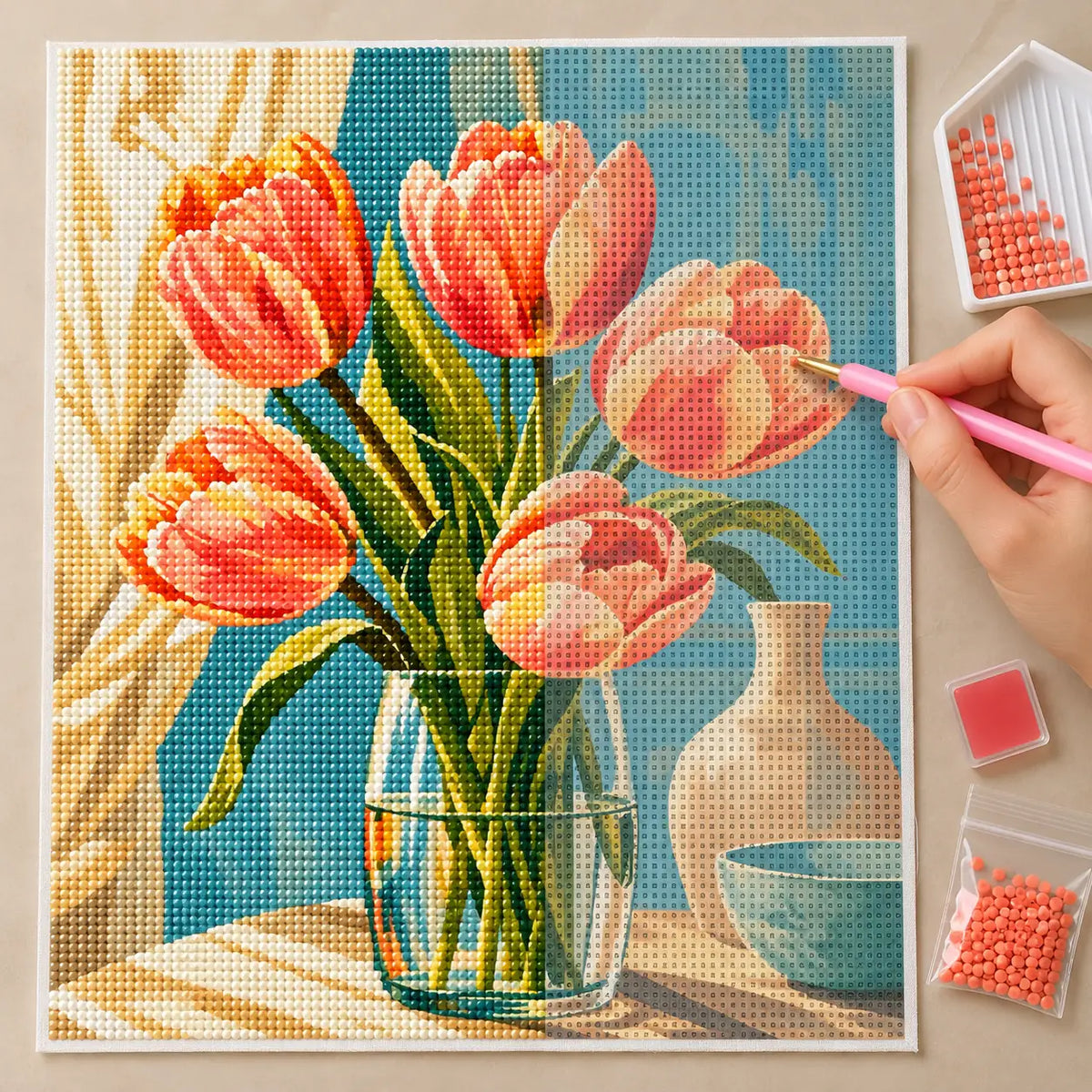 Hands-on painting process for Morning Light Tulips Diamond Painting Kit