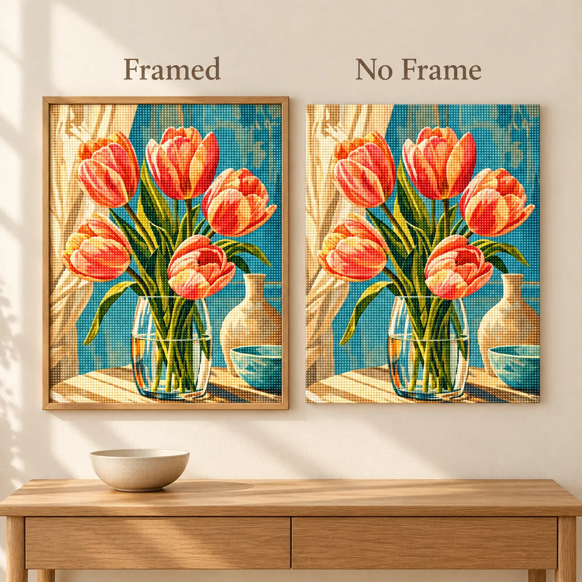 Framed and no-frame comparison for Morning Light Tulips Diamond Painting Kit