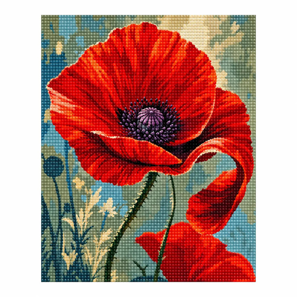 Completed diamond painting for Vivid Scarlet Poppy Diamond Painting Kit on a white background