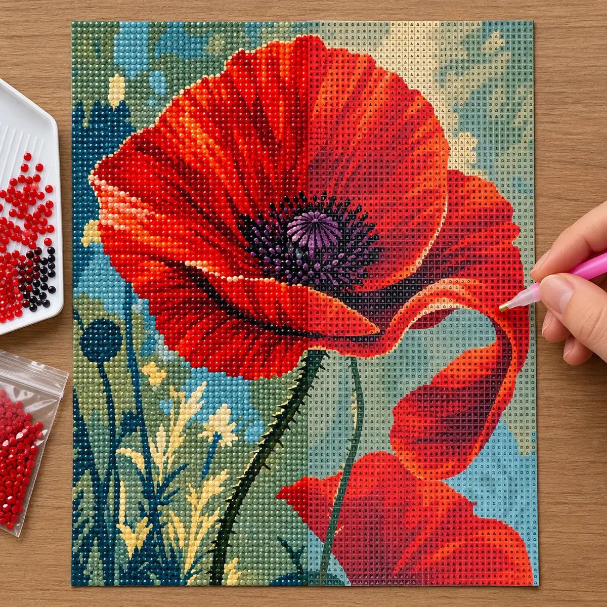 Hands-on painting process for Vivid Scarlet Poppy Diamond Painting Kit