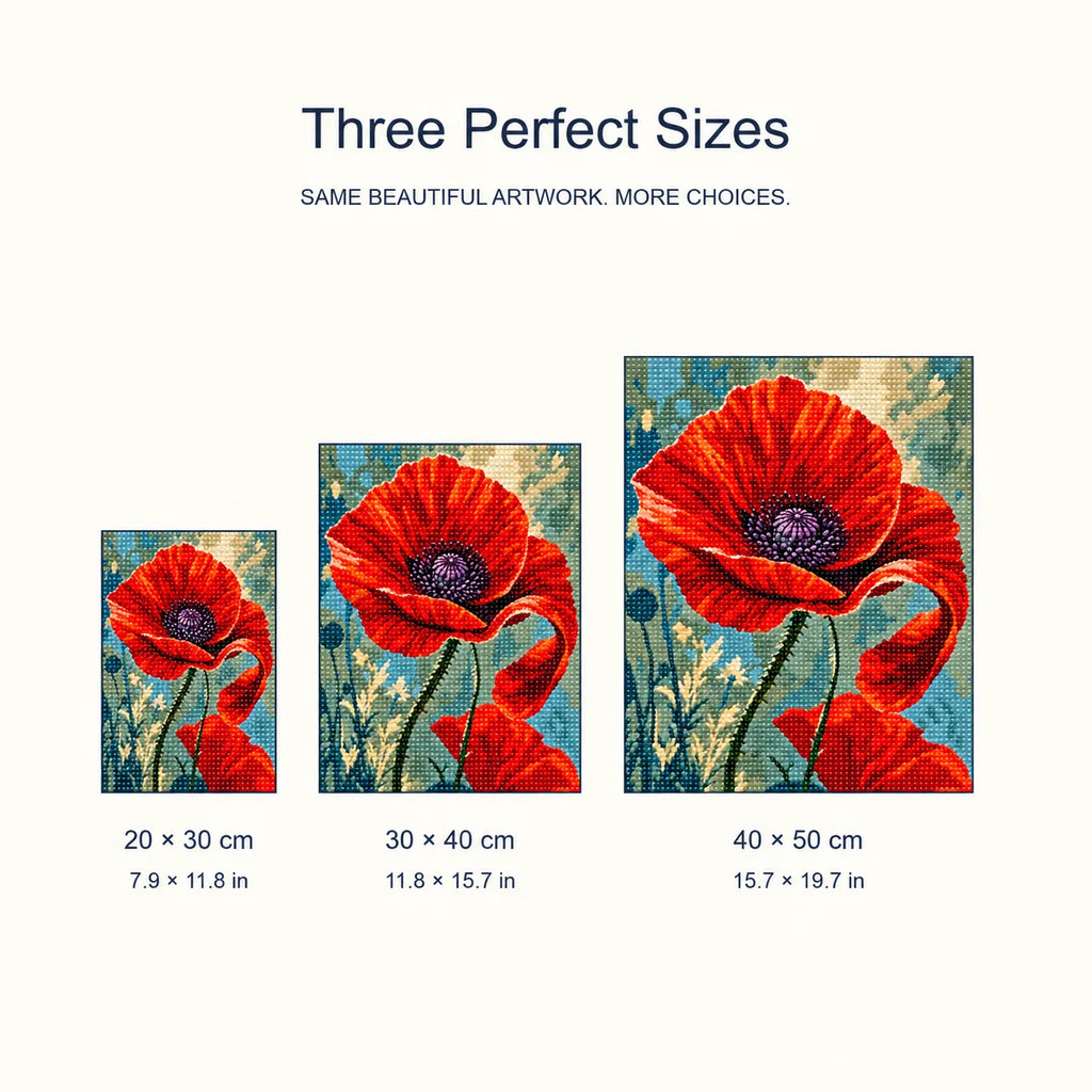 Size guide for Vivid Scarlet Poppy Diamond Painting Kit