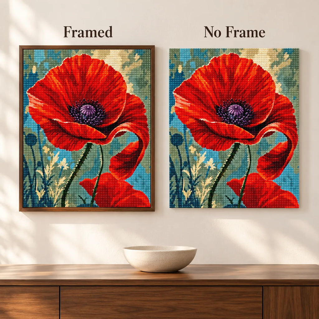 Framed and no-frame comparison for Vivid Scarlet Poppy Diamond Painting Kit
