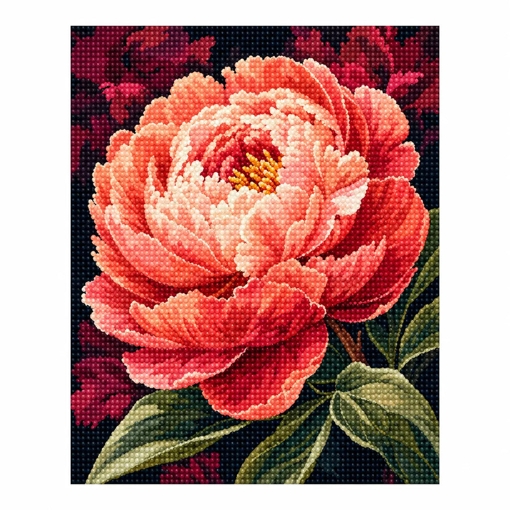 Completed diamond painting for Coral Glow Peony Diamond Painting Kit on a white background