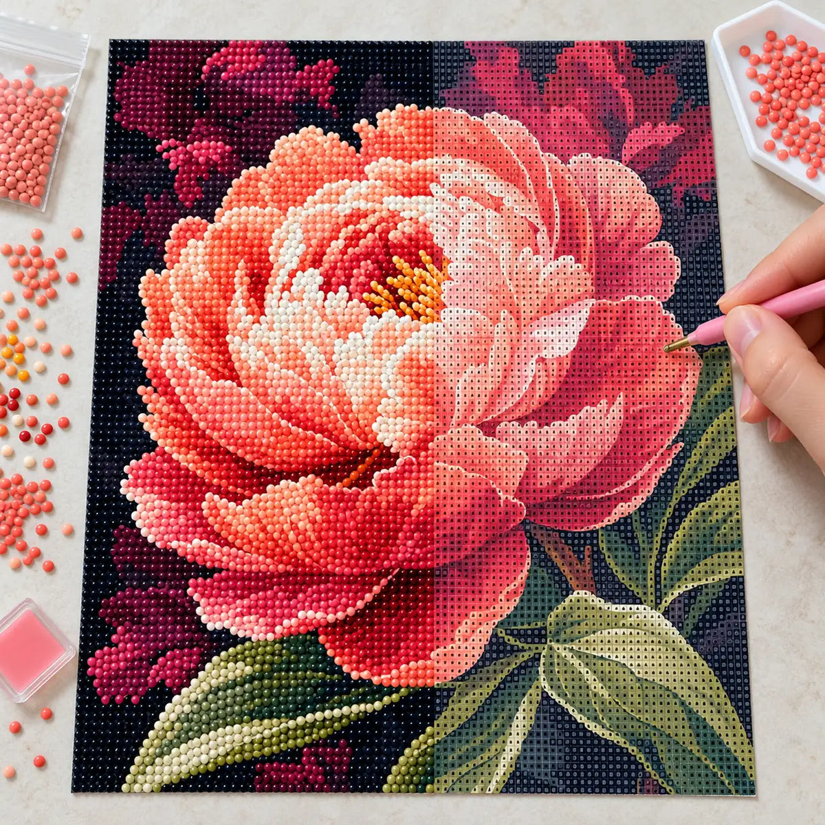 Hands-on painting process for Coral Glow Peony Diamond Painting Kit