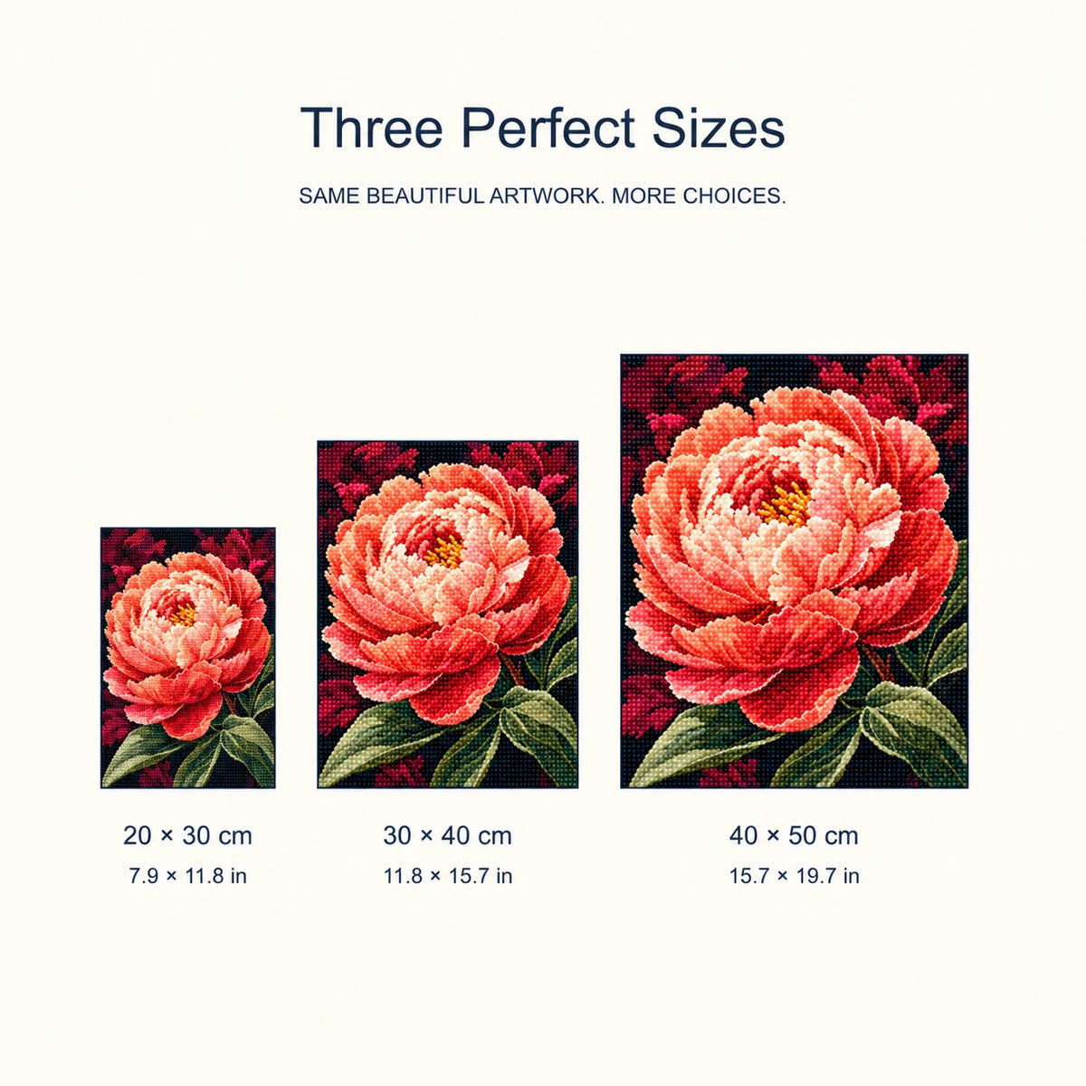 Size guide for Coral Glow Peony Diamond Painting Kit