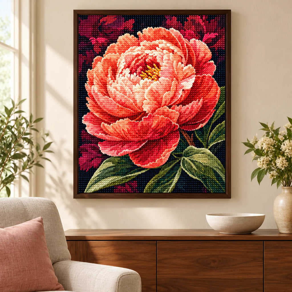 Home decor scene for Coral Glow Peony Diamond Painting Kit