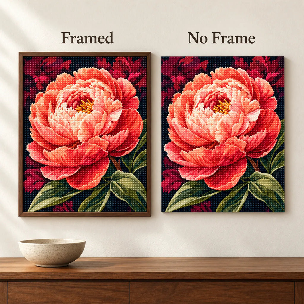 Framed and no-frame comparison for Coral Glow Peony Diamond Painting Kit