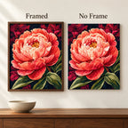 Framed and no-frame comparison for Coral Glow Peony Diamond Painting Kit
