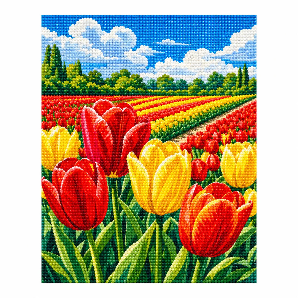 Completed diamond painting for Rows of Tulip Splendor Diamond Painting Kit on a white background