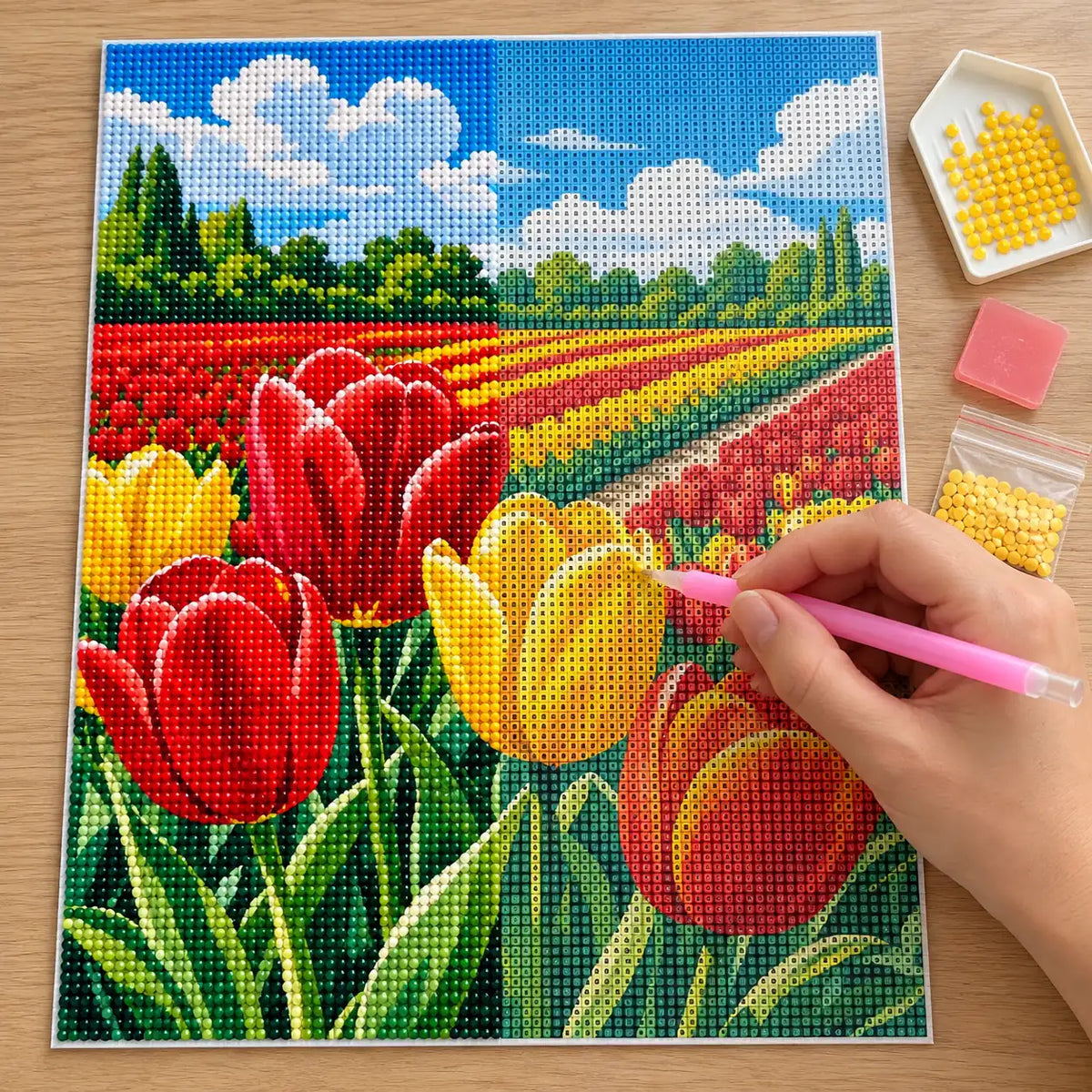 Hands-on painting process for Rows of Tulip Splendor Diamond Painting Kit