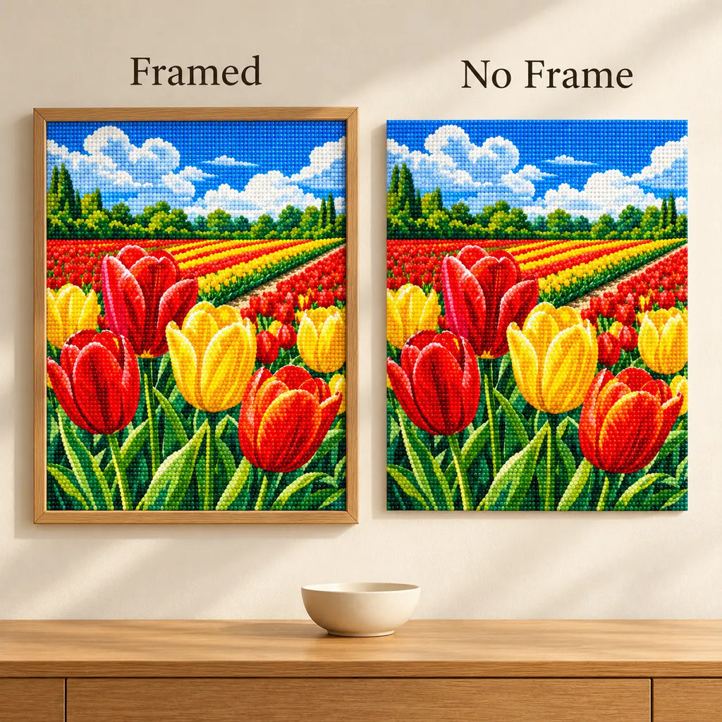 Framed and no-frame comparison for Rows of Tulip Splendor Diamond Painting Kit