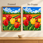 Framed and no-frame comparison for Rows of Tulip Splendor Diamond Painting Kit