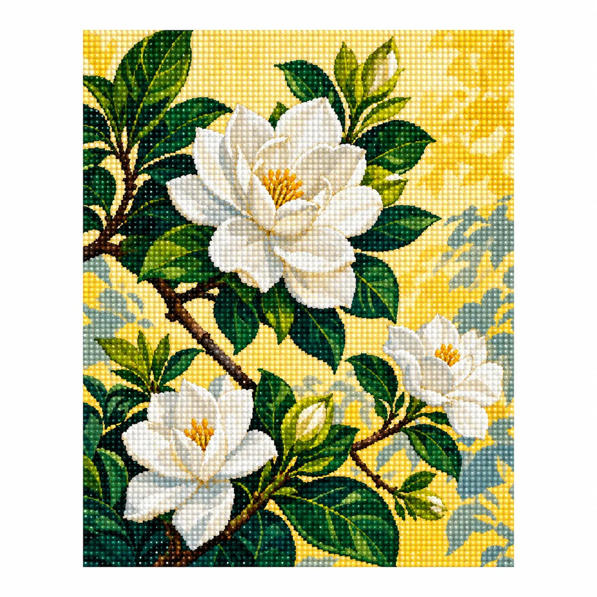 Completed diamond painting for Radiant Gardenia Bloom Diamond Painting Kit on a white background