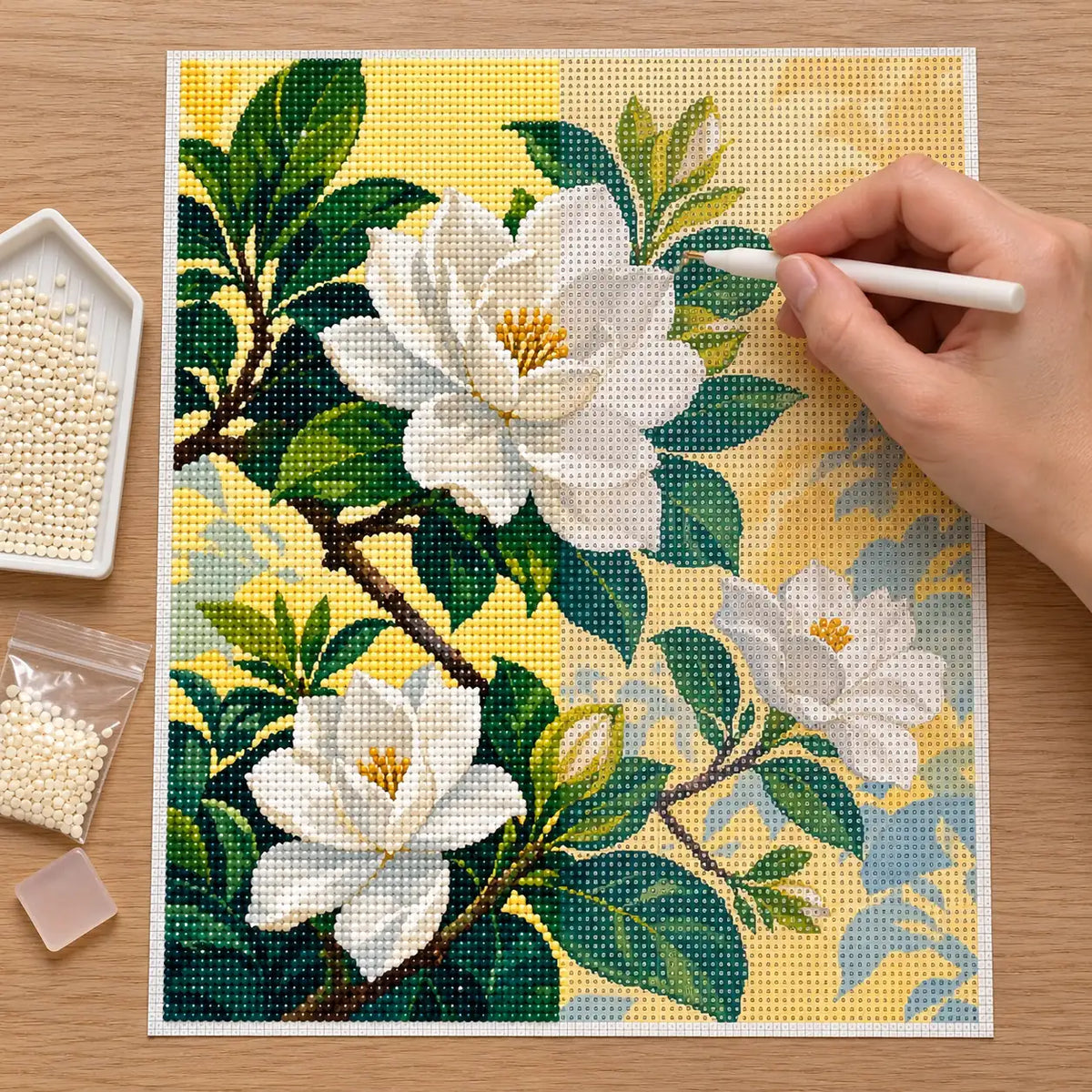Hands-on painting process for Radiant Gardenia Bloom Diamond Painting Kit