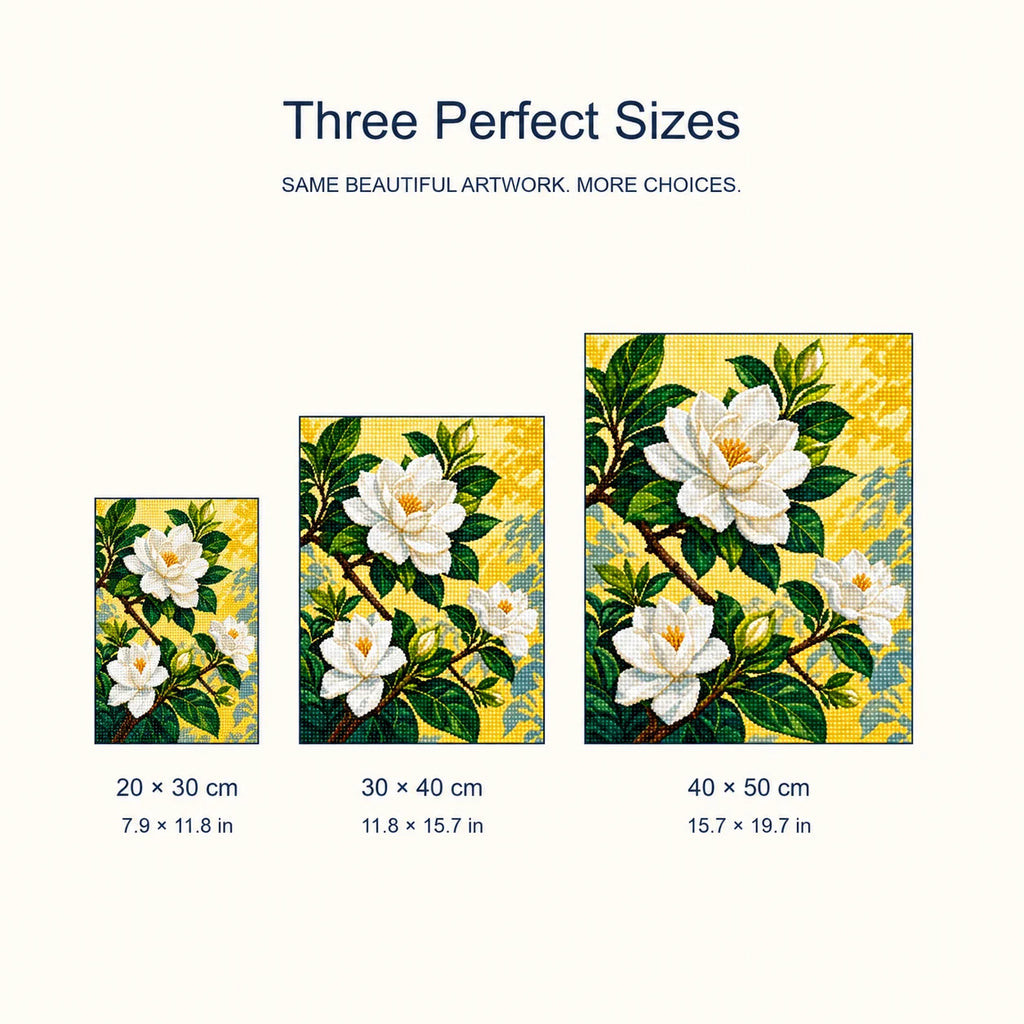 Size guide for Radiant Gardenia Bloom Diamond Painting Kit