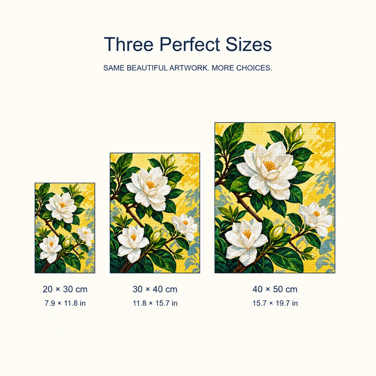 Size guide for Radiant Gardenia Bloom Diamond Painting Kit