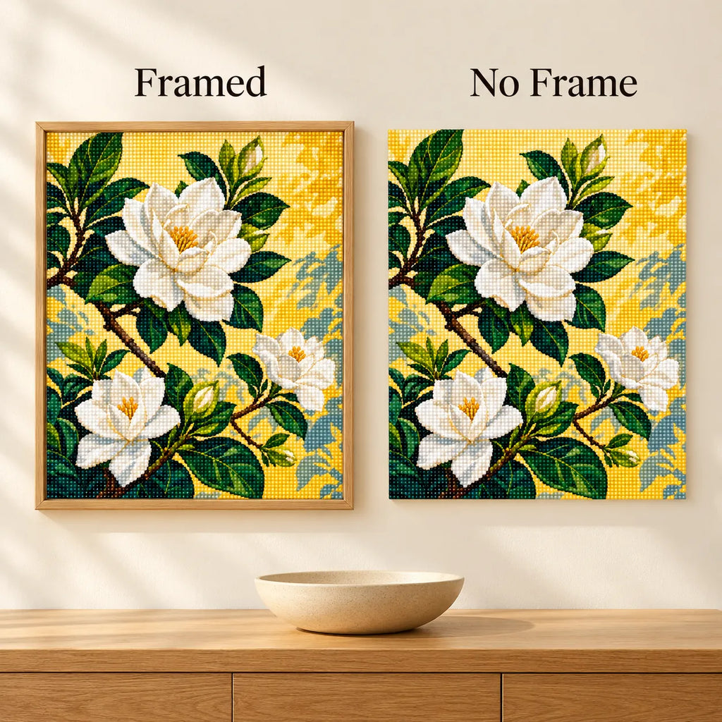 Framed and no-frame comparison for Radiant Gardenia Bloom Diamond Painting Kit