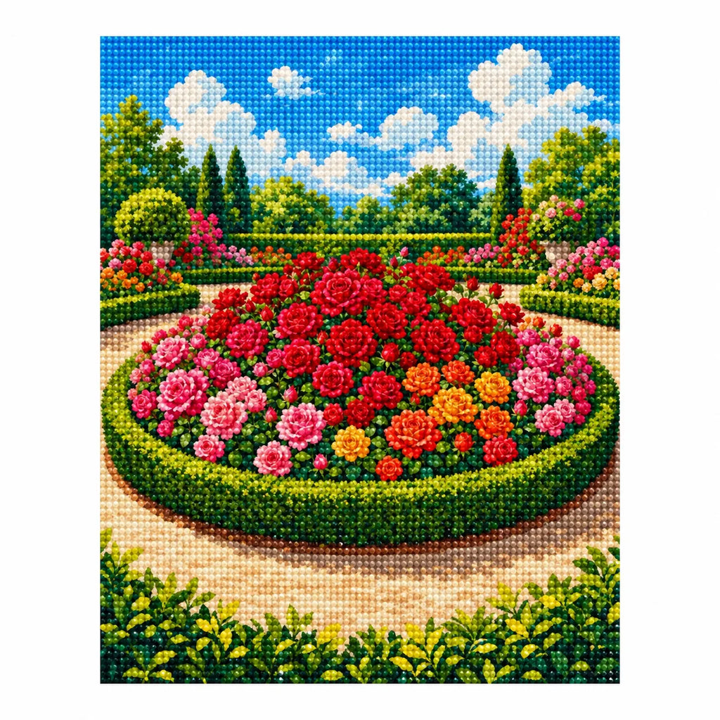 Completed diamond painting for Circle of Blooming Roses Diamond Painting Kit on a white background