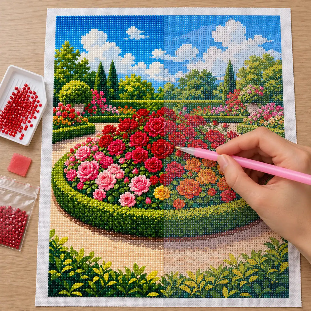 Hands-on painting process for Circle of Blooming Roses Diamond Painting Kit