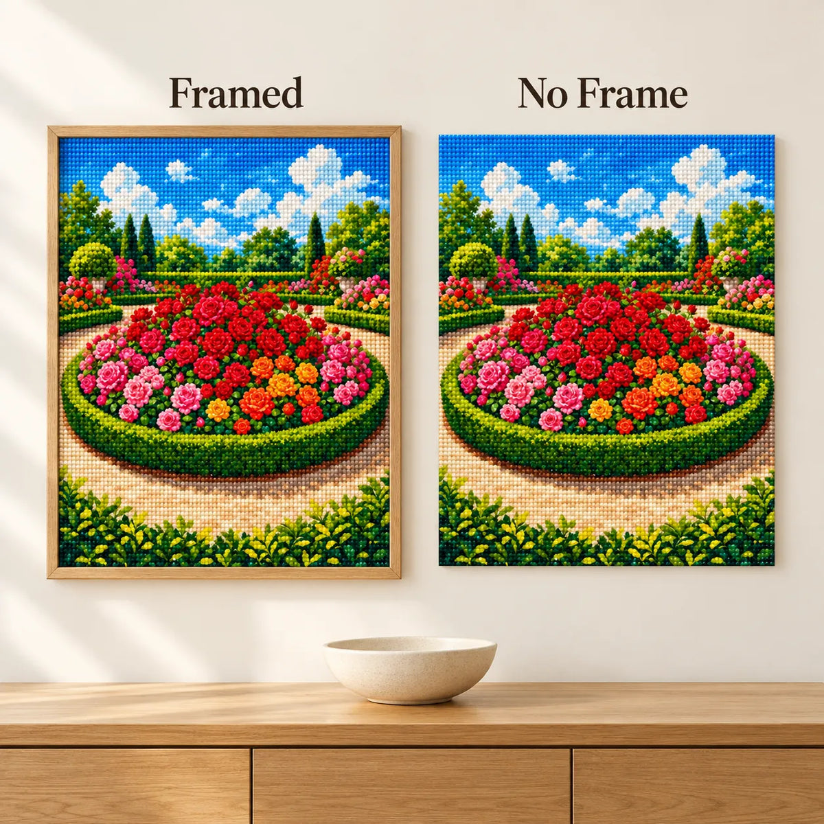 Framed and no-frame comparison for Circle of Blooming Roses Diamond Painting Kit