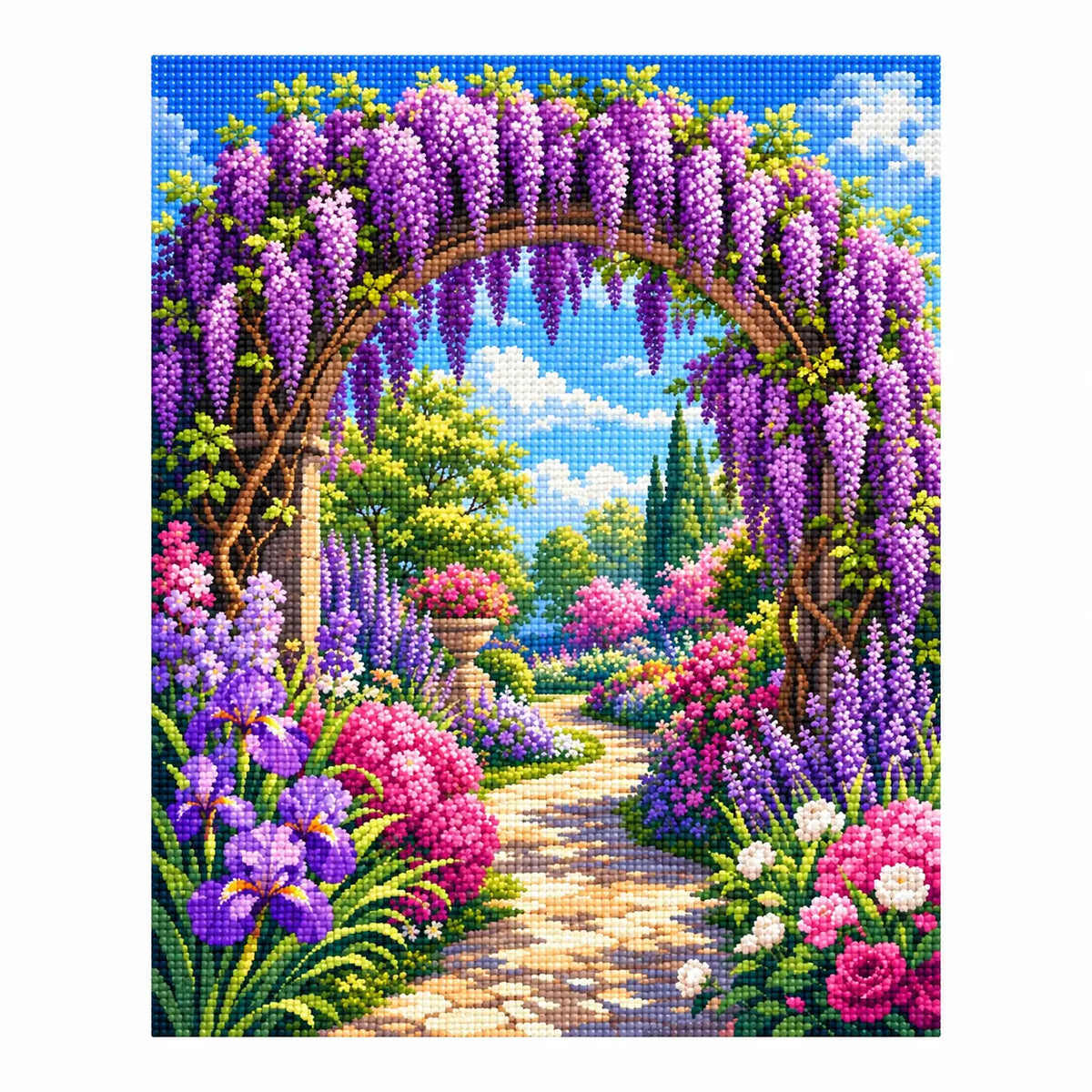 Completed diamond painting for Wisteria Archway Garden Diamond Painting Kit on a white background