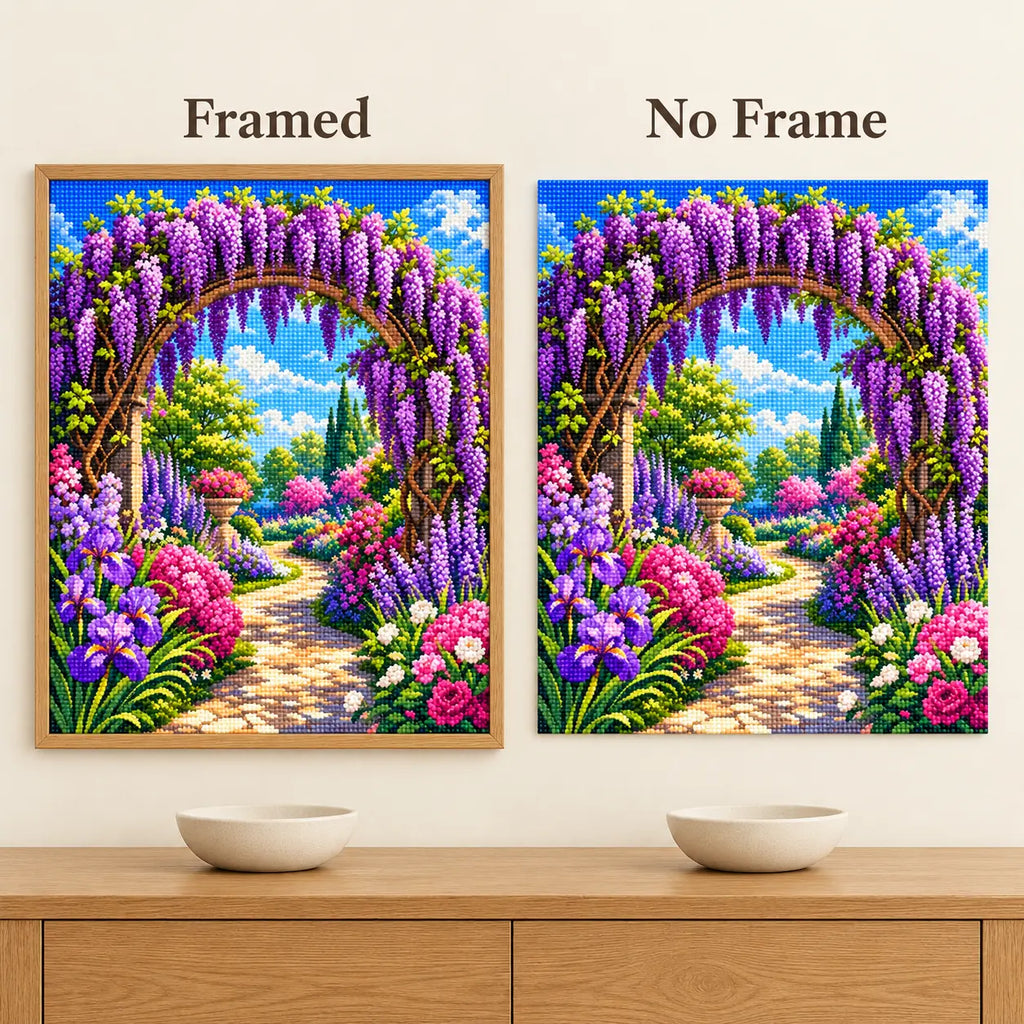 Framed and no-frame comparison for Wisteria Archway Garden Diamond Painting Kit