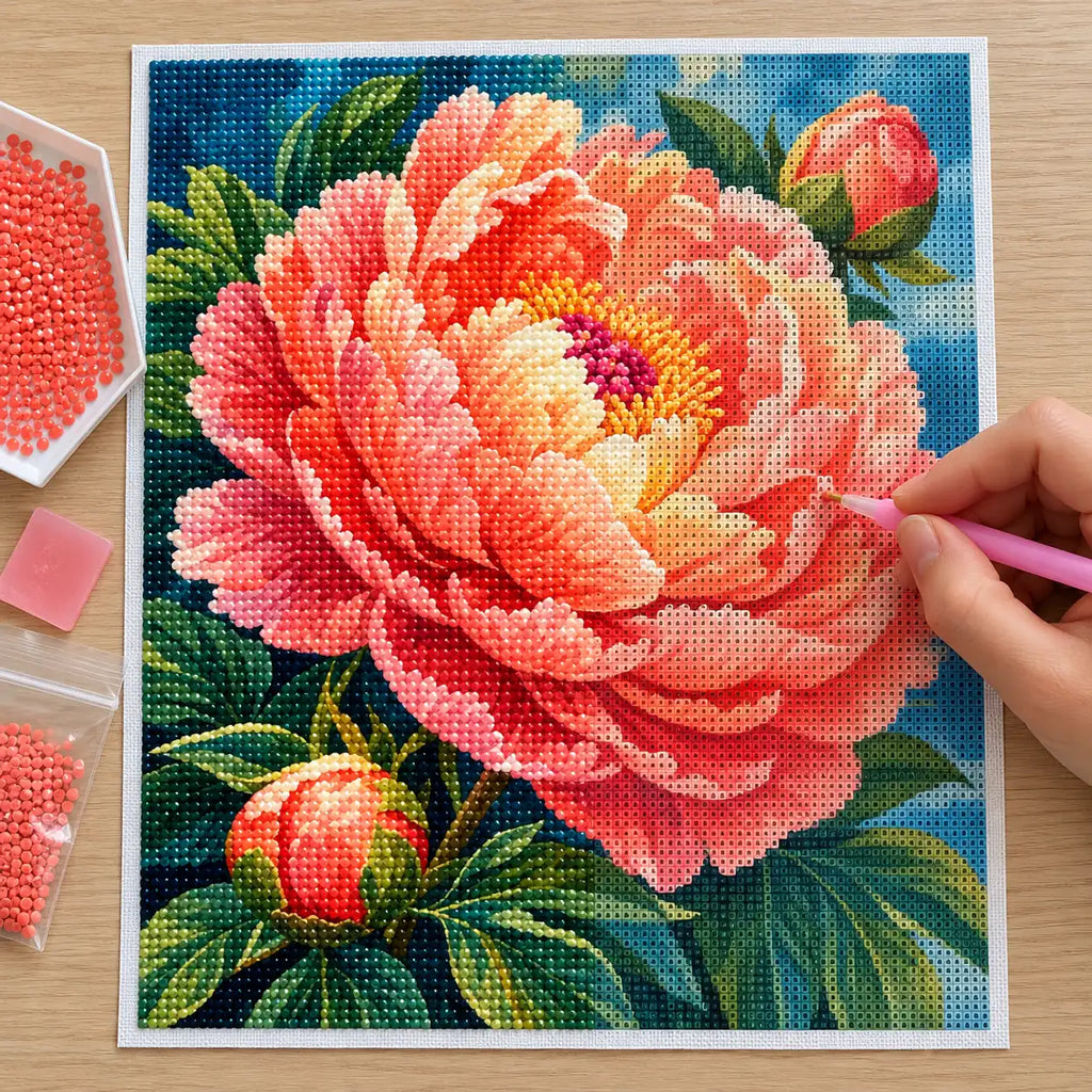 Hands-on painting process for Coral Peony Unfolding Diamond Painting Kit