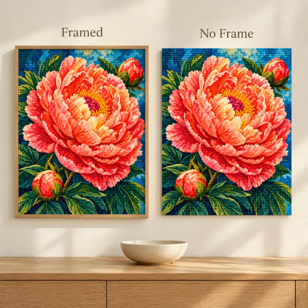 Framed and no-frame comparison for Coral Peony Unfolding Diamond Painting Kit