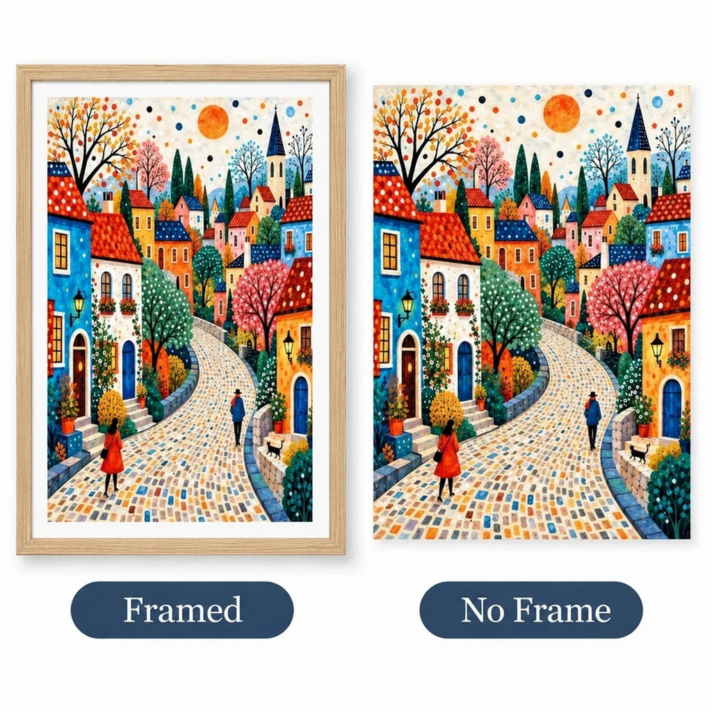 Side-by-side comparison of framed and no-frame diamond painting options