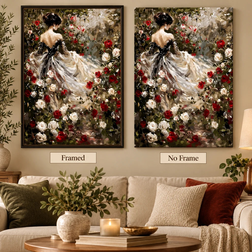 Framed and no-frame styles of the ivory gown and rose garden diamond painting