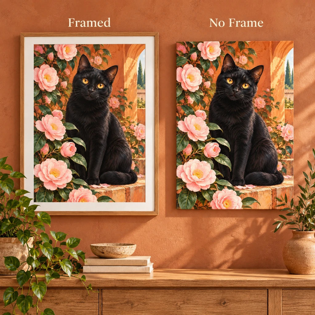 Black cat among pink camellias: framed and no-frame style comparison