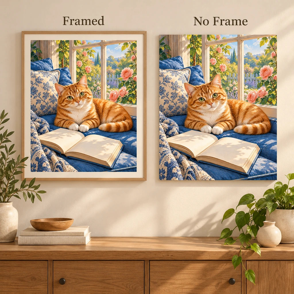Orange tabby reading by a sunny window: framed and no-frame style comparison