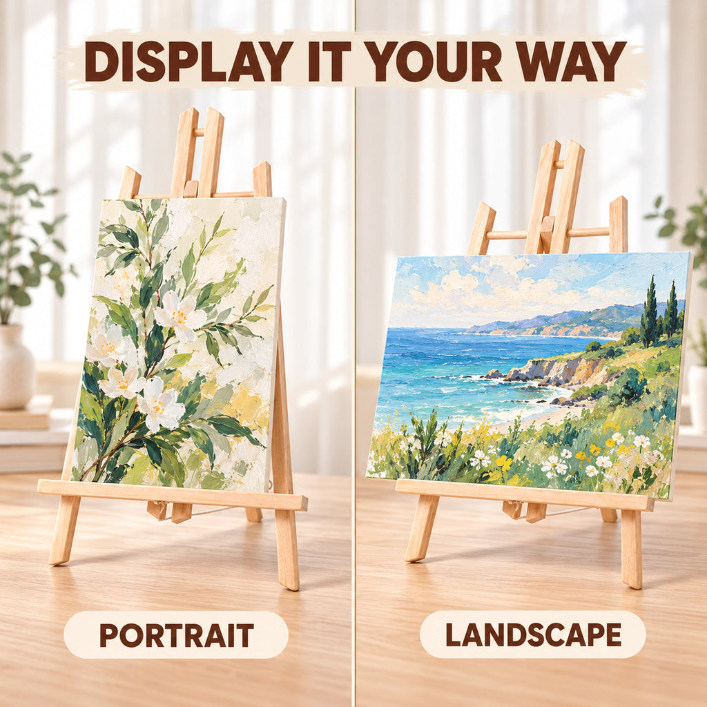 Wooden tabletop easel holding portrait and landscape artwork