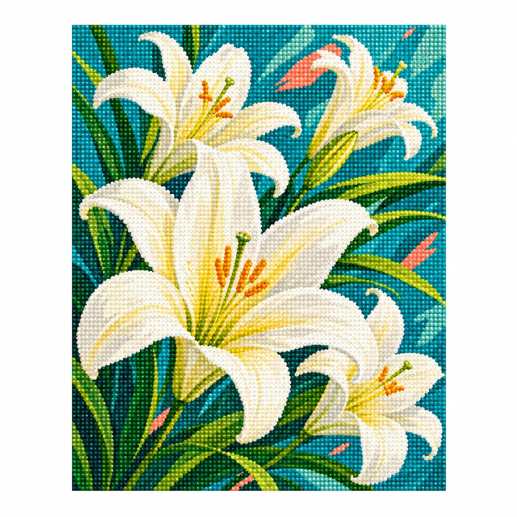 Completed diamond painting for Lily Radiance Diamond Painting Kit on a white background