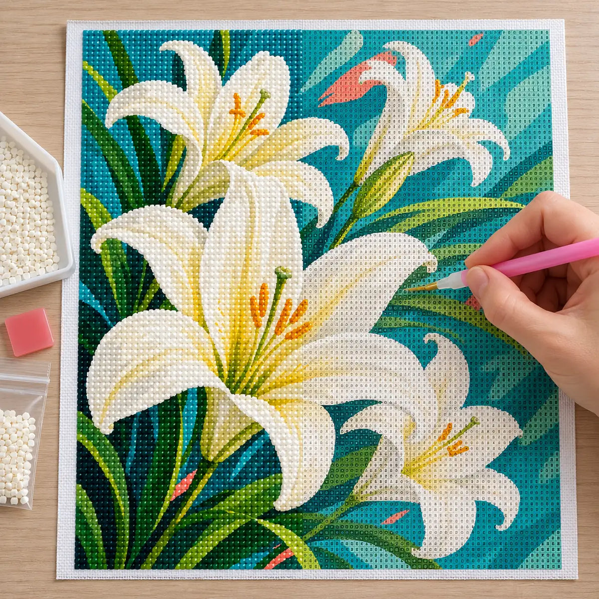 Hands-on painting process for Lily Radiance Diamond Painting Kit