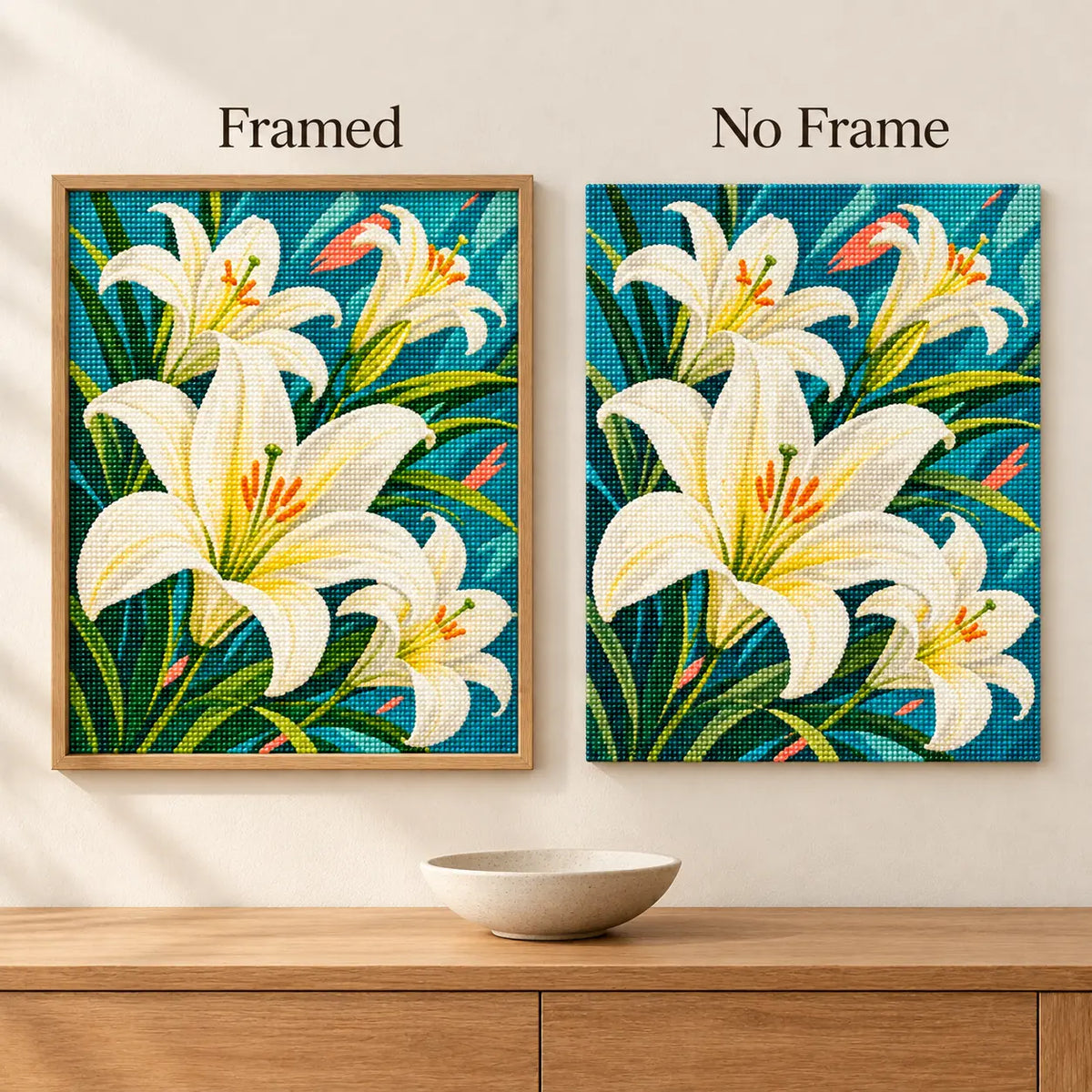 Framed and no-frame comparison for Lily Radiance Diamond Painting Kit