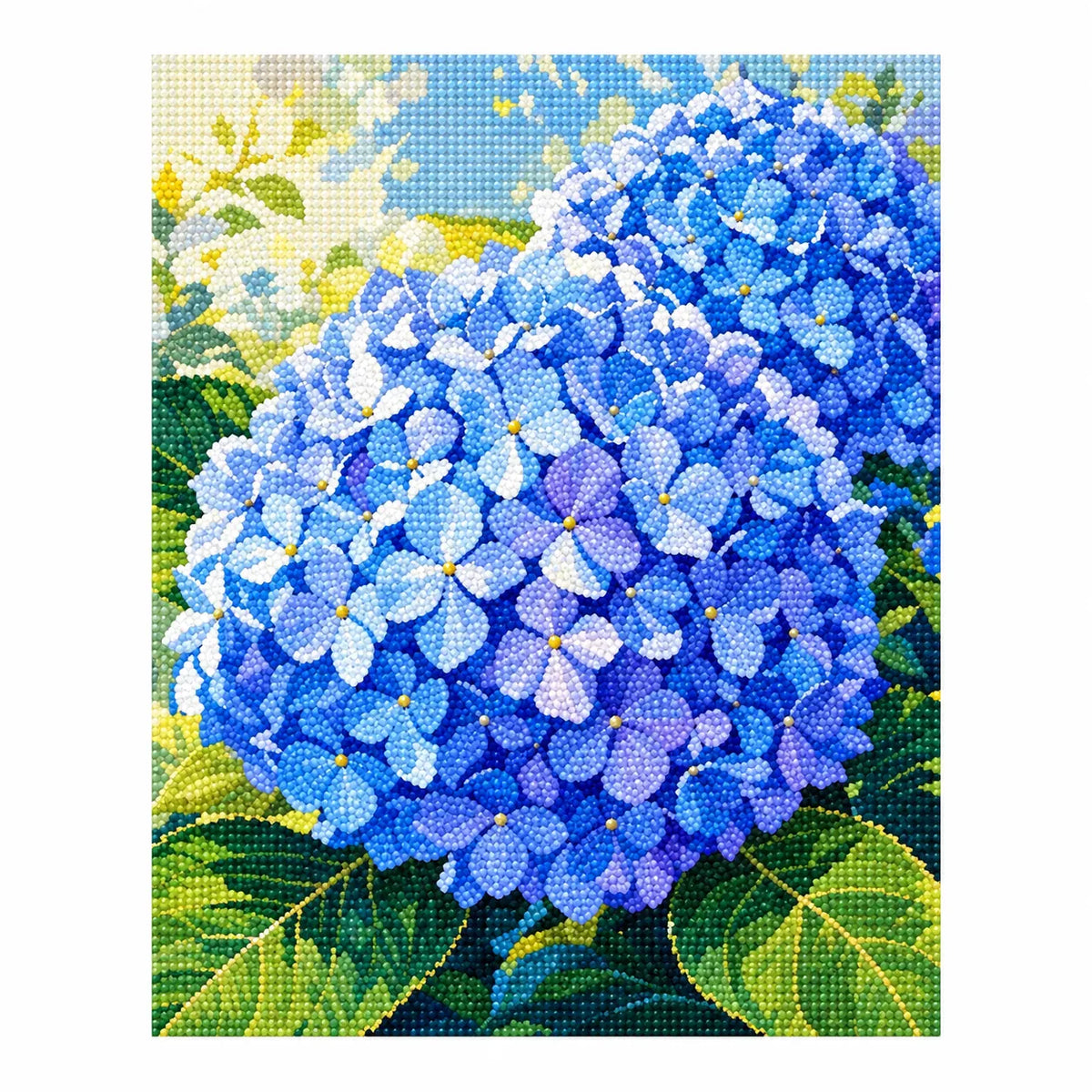Completed diamond painting for Azure Hydrangea Bloom Diamond Painting Kit on a white background