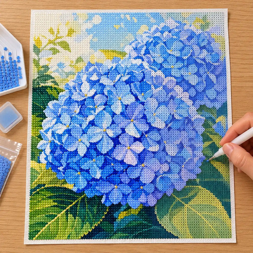Hands-on painting process for Azure Hydrangea Bloom Diamond Painting Kit