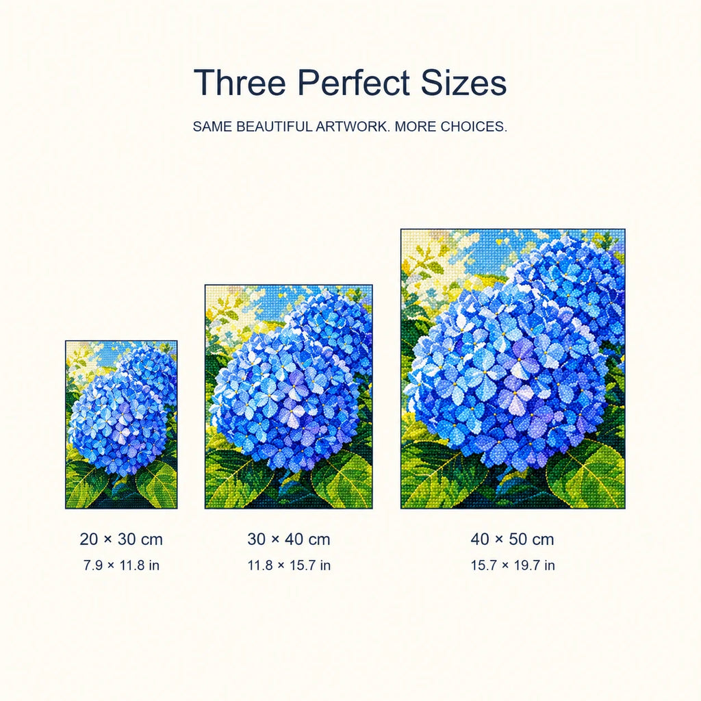 Size guide for Azure Hydrangea Bloom Diamond Painting Kit