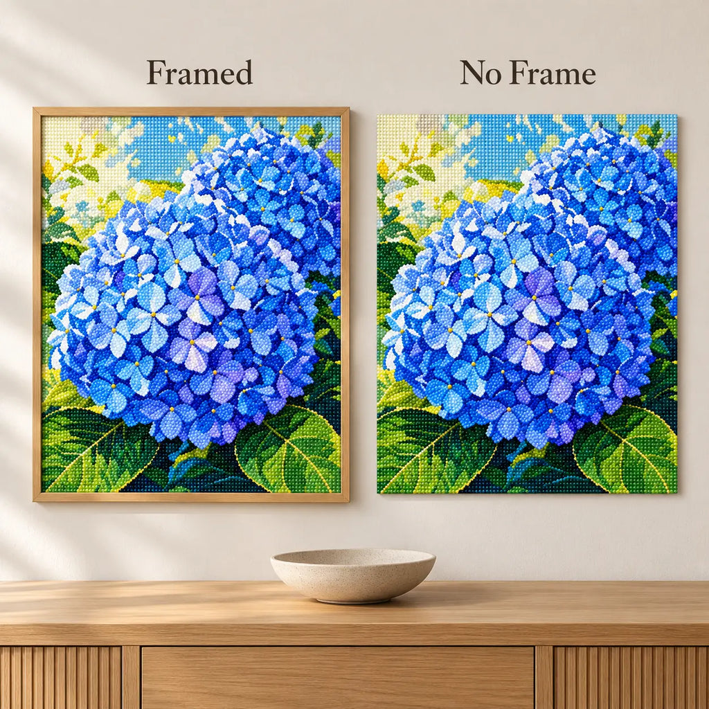 Framed and no-frame comparison for Azure Hydrangea Bloom Diamond Painting Kit